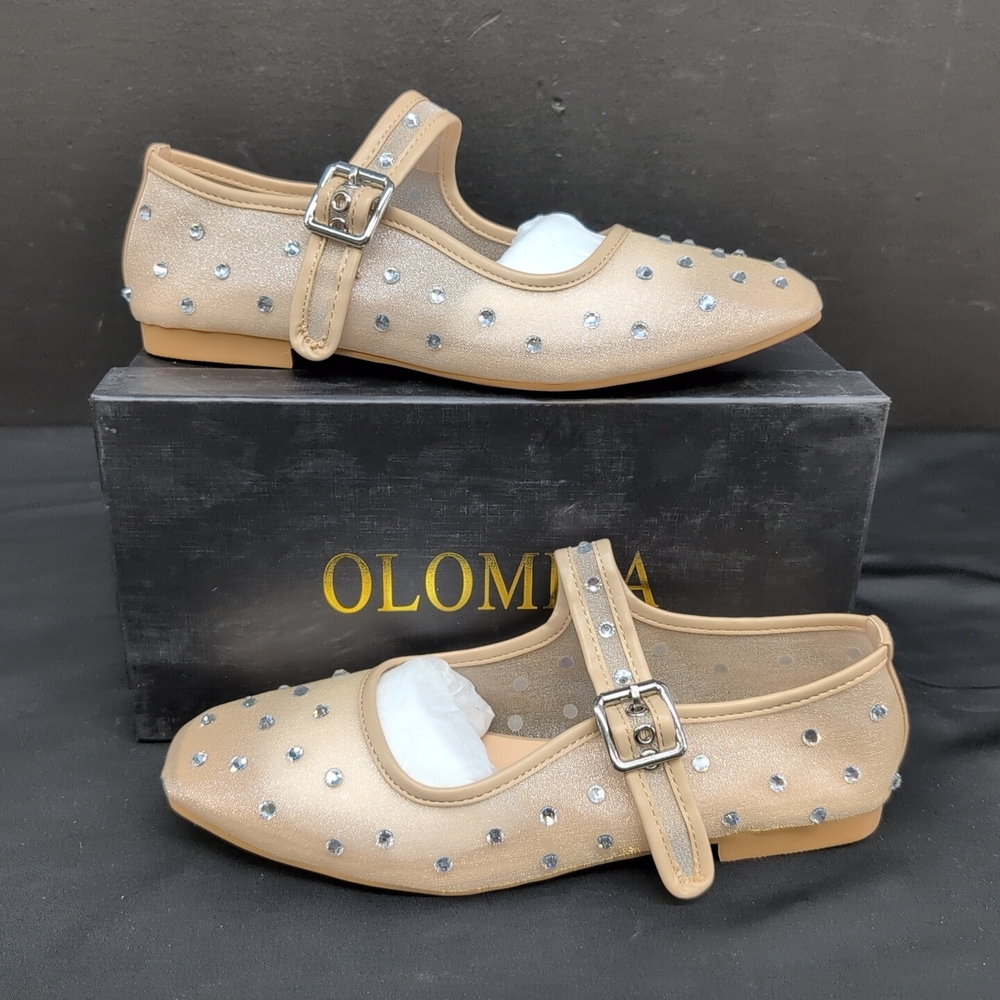 Olomisa Mary Jane Rhinestones Ballet Flats Shoes 8.5 Nude
